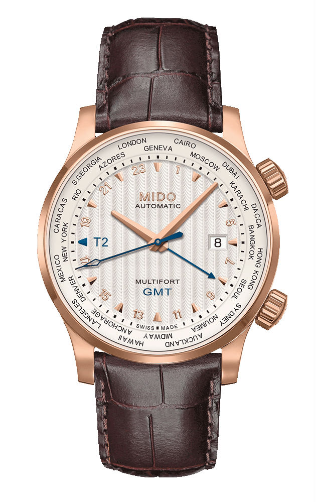 Mido Watches : M005.929.36.031.00 Automatic GMT Date Rose Gold PVD Plating Case Brown Leather Men Watch