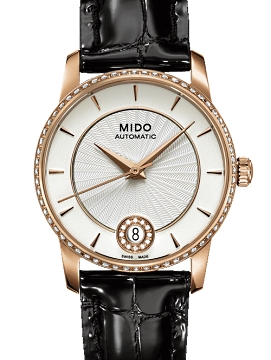 Mido Watches : M007.207.66.036.26 Automatic Silver Dial Stainless Steel Case And Diamonds On Date Dial, PVD Coating Rose Gold With Black Leather Strap Women Watch