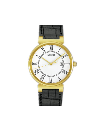 Mido Watches : M009.610.36.013.00 Quartz White Dial Stainless Steel Case And Golden Bezel With Black Leather Strap Men Watch