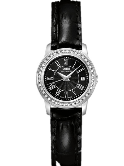 Mido Watches : M010.007.16.053.20 Automatic Black Dial Stainless Steel Case And Diamonds On Bezel With Black Leather Strap Women Watch