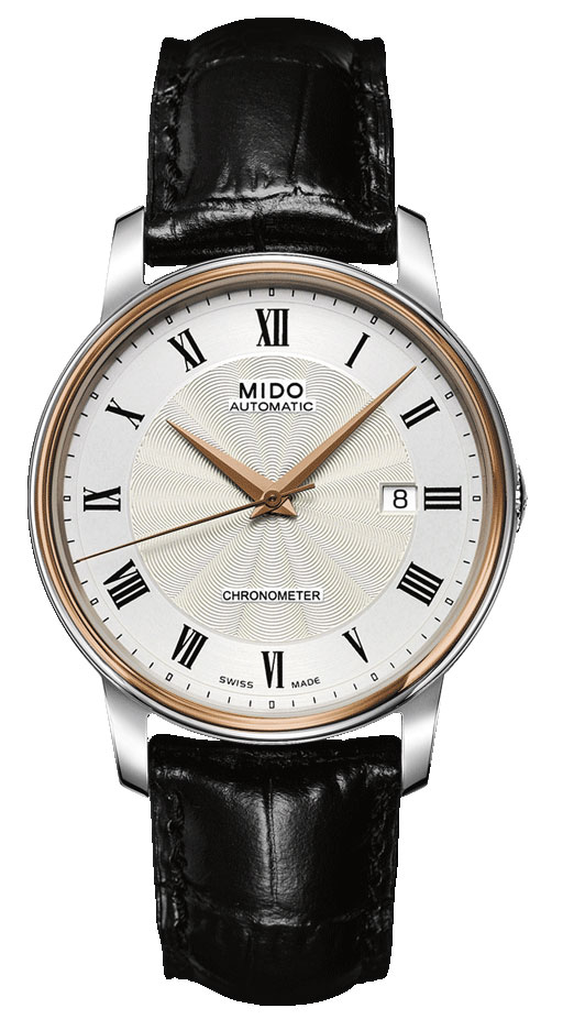 Mido Watches : M010.408.46.033.20 Automatic Chronometer Silver Gray Dial Stainless Steel Case And PVD Rose Gold Coating Bezel With Black Leather Strap Men Watch