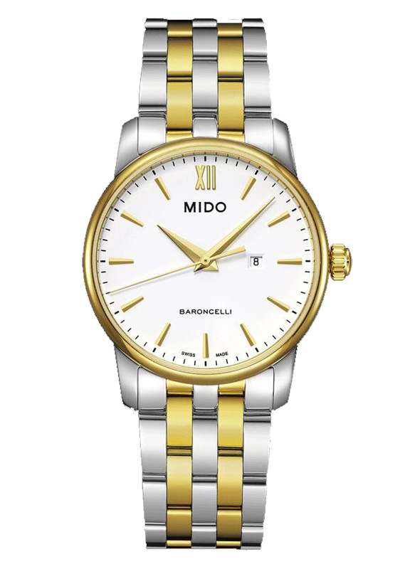 Mido Watches : M013.210.22.011.00 Quartz White Dial Roman Numeral Stainless Steel Case And PVT Gold Coated Bezel With PVD Gold Coated And Stainless Steel Bracelet Women Watch