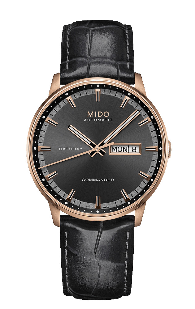 Mido Watches : M016.430.36.061.02 Automatic Black Dial Day Date PVD Gold Coating Bezel Shock Resistance Black Leather Men Watch