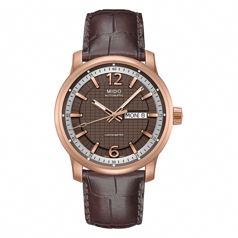 Mido Watches : M019.631.36.297.00 Automatic Chronometer Brown Dial Day Date PVD Rose Gold Coating Bezel Brown Leather Men Watch