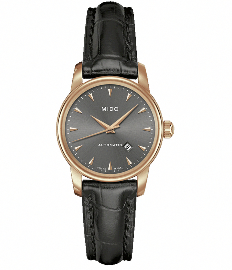 Mido Watches : M7600.3.13.4 Automatic Black Dial Stainless Steel Case PVD Rose Gold Coated Bezel With Black Leather Strap Women Watch