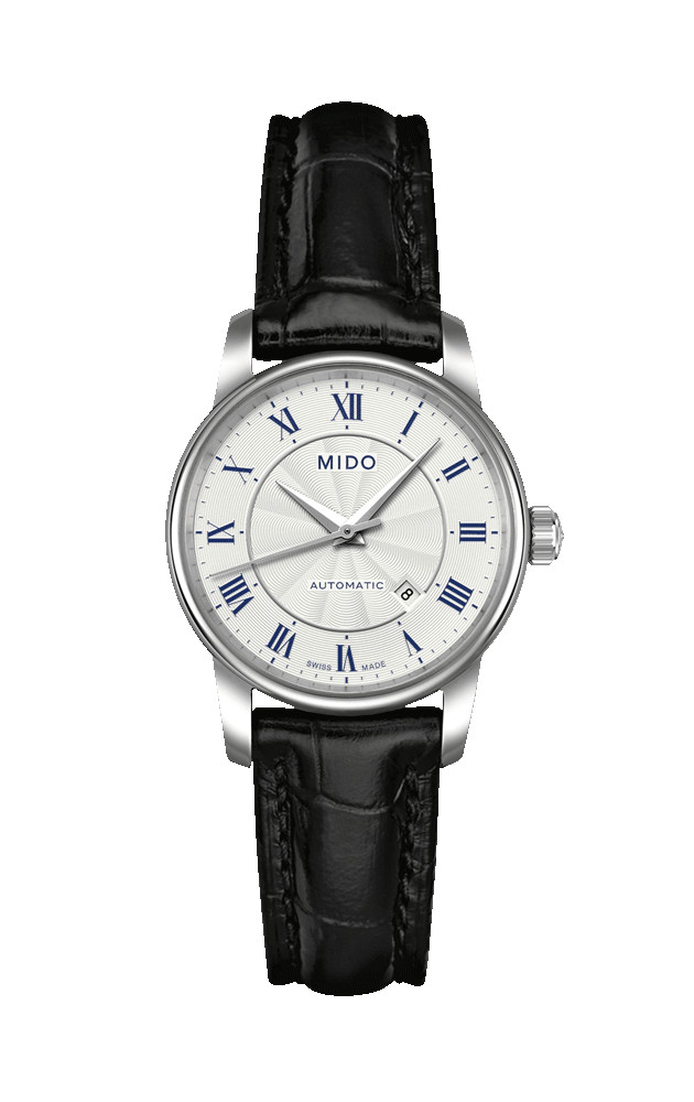 Mido Watches : M7600.4.21.4 Automatic Silver Dial Roman Numerals Date Shock Resistance Black Leather Women Watch