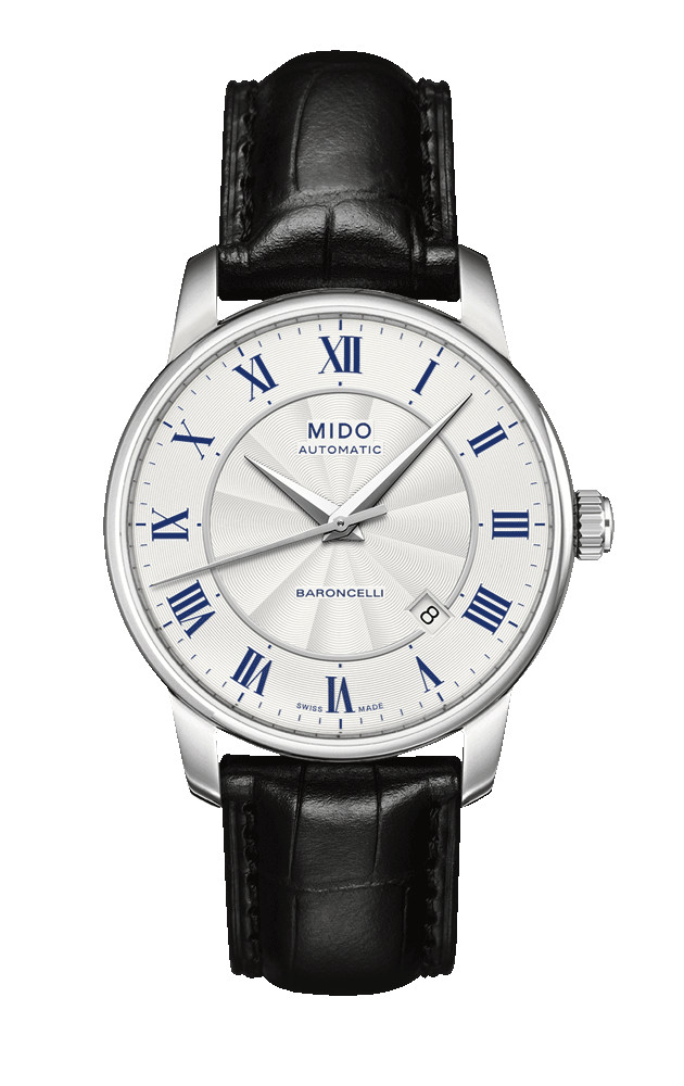 Mido Watches : M8600.4.21.4 Automatic Silver Dial Roman Numerals Date Shock Resistance Black Leather Men Watch