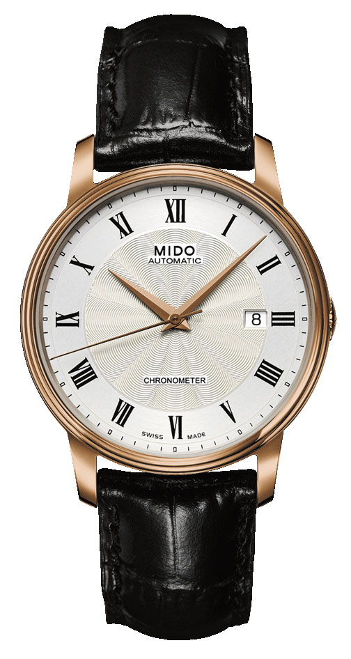 Mido Watches : M901.408.76.033.20 Automatic Chronometer Silver Dial Rose Gold Case And 18ct Rose Gold Bezel With Black Leather Strap Men Watch