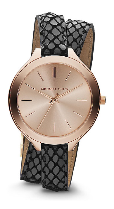 Michael Kors Watches : MK2322 Quartz Rose Gold Dial Black Leather Women Watch