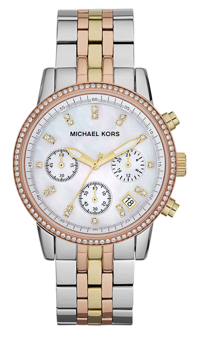 Michael Kors Watches : MK5650 Quartz White Mother of Pearl Dial Chronograph Date Three Tone Stainless Steel Women Watch