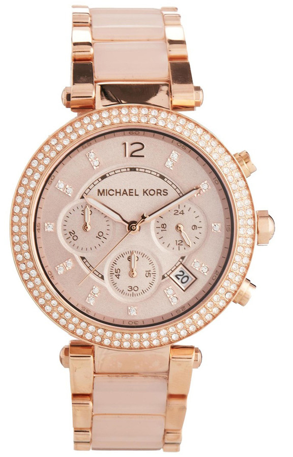 Michael Kors Watches : MK5896 Quartz Chronograph Date Crystal Bezel Rose Gold Tone Stainless Steel Women Watch