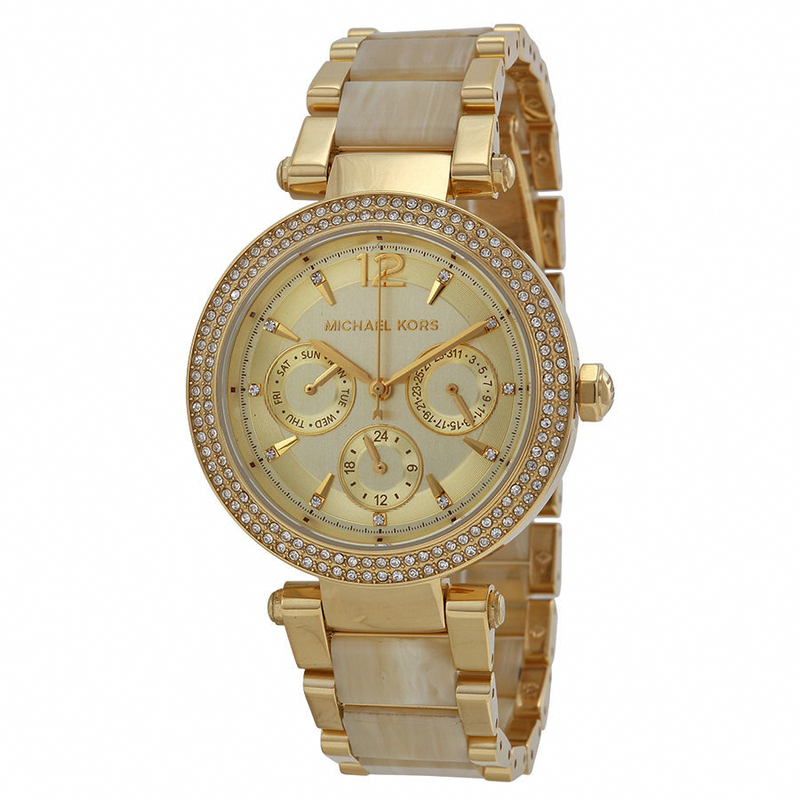 Michael Kors Watches : MK5956 Quartz Champagne Day Date Dial Stainless Steel and Acetate Women Watch