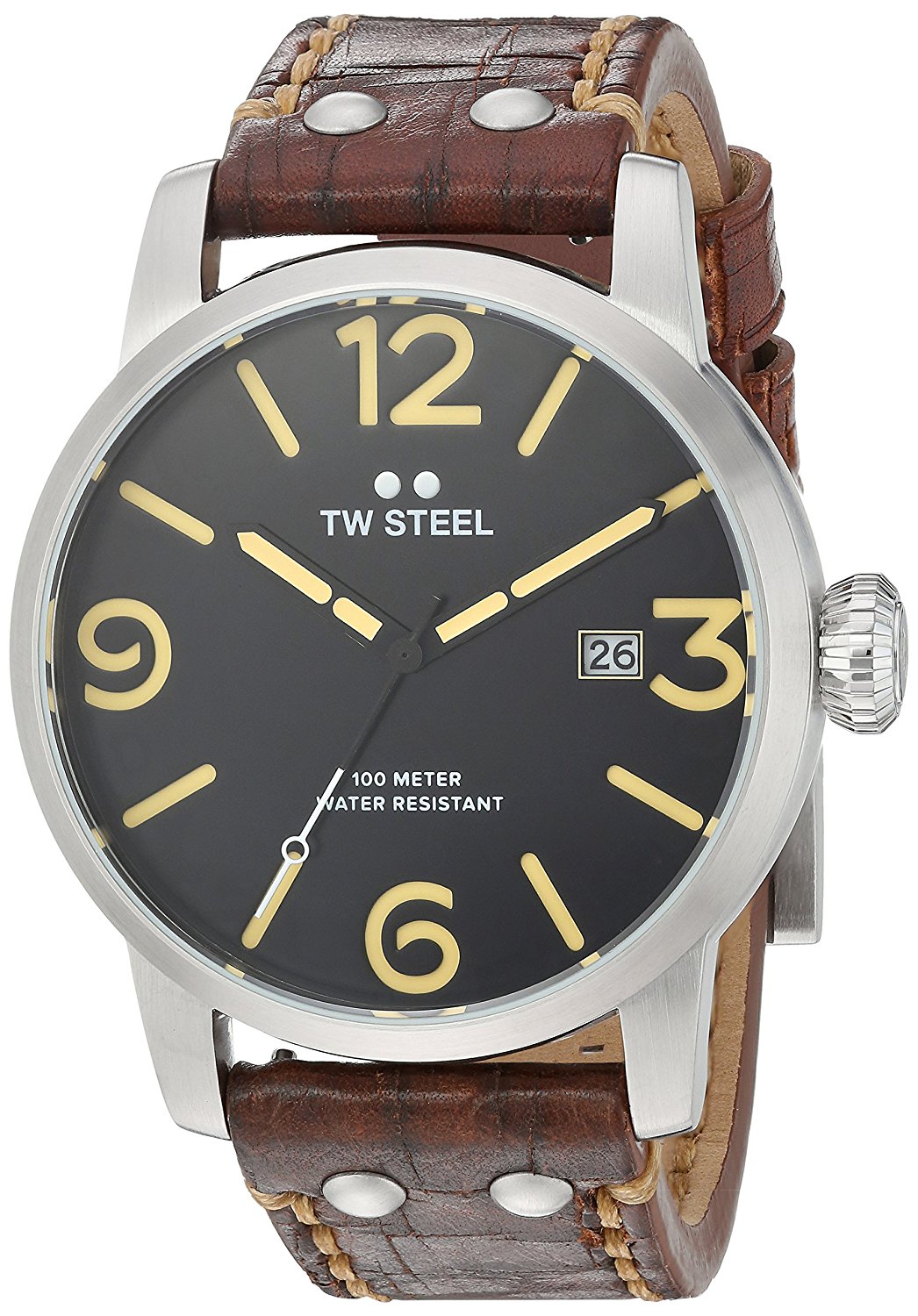 TW Steel Watches : MS2 Quartz Black Dial Date Brown Leather Men Watch