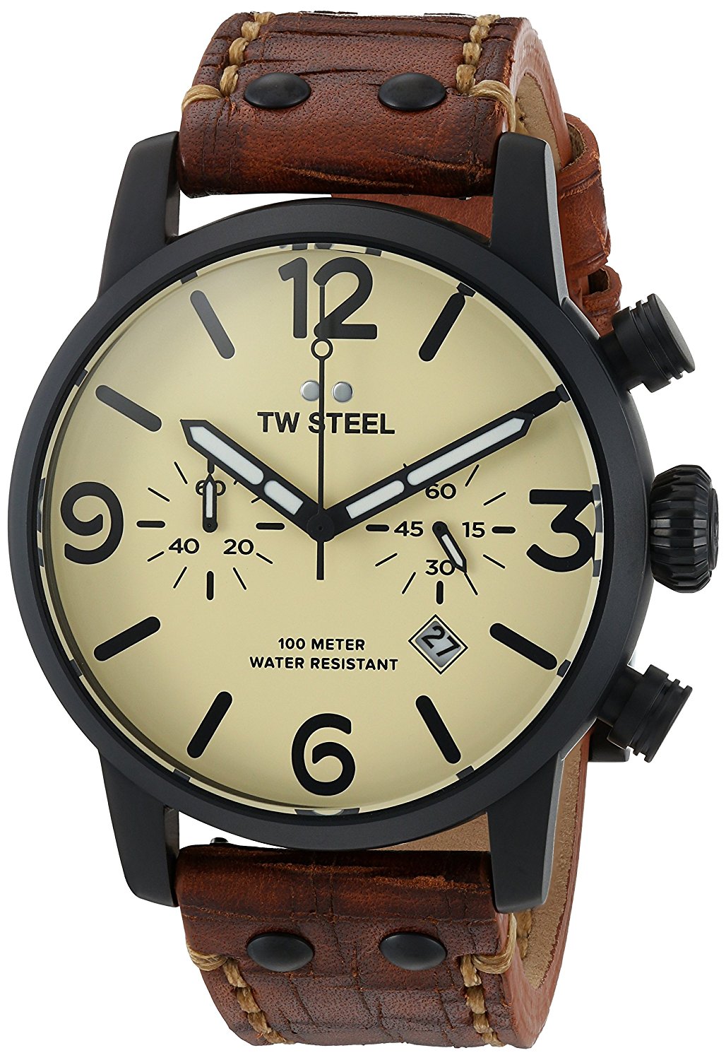 TW Steel Watches : MS44 Beige Dial Chronograph Date Brown Leather Men Watch