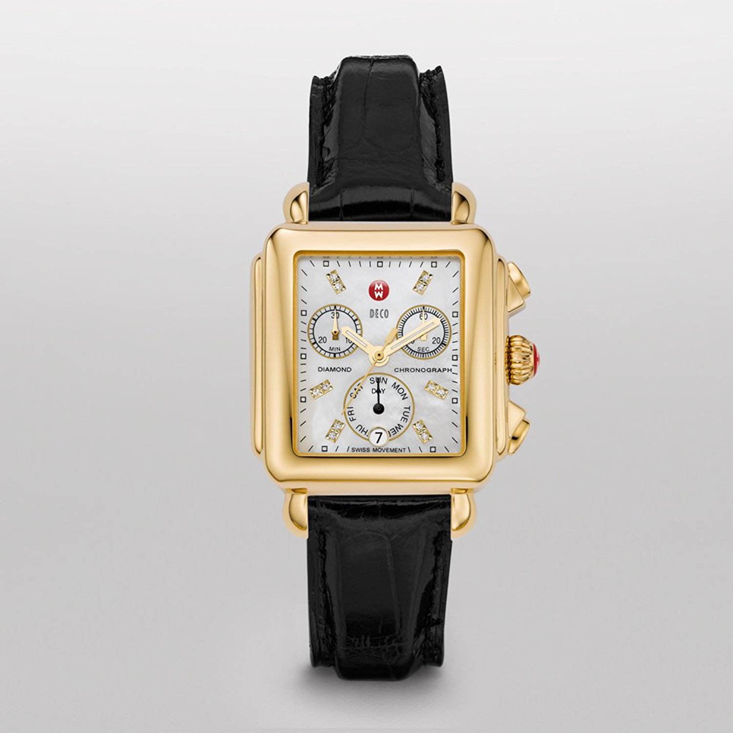 Michele Watches : MWW06P000038 Battery Operated Quartz Polished Yellow Gold Tone White Mother Of Pearl Diamond Dial Black Alligator Leather Band Women Watch