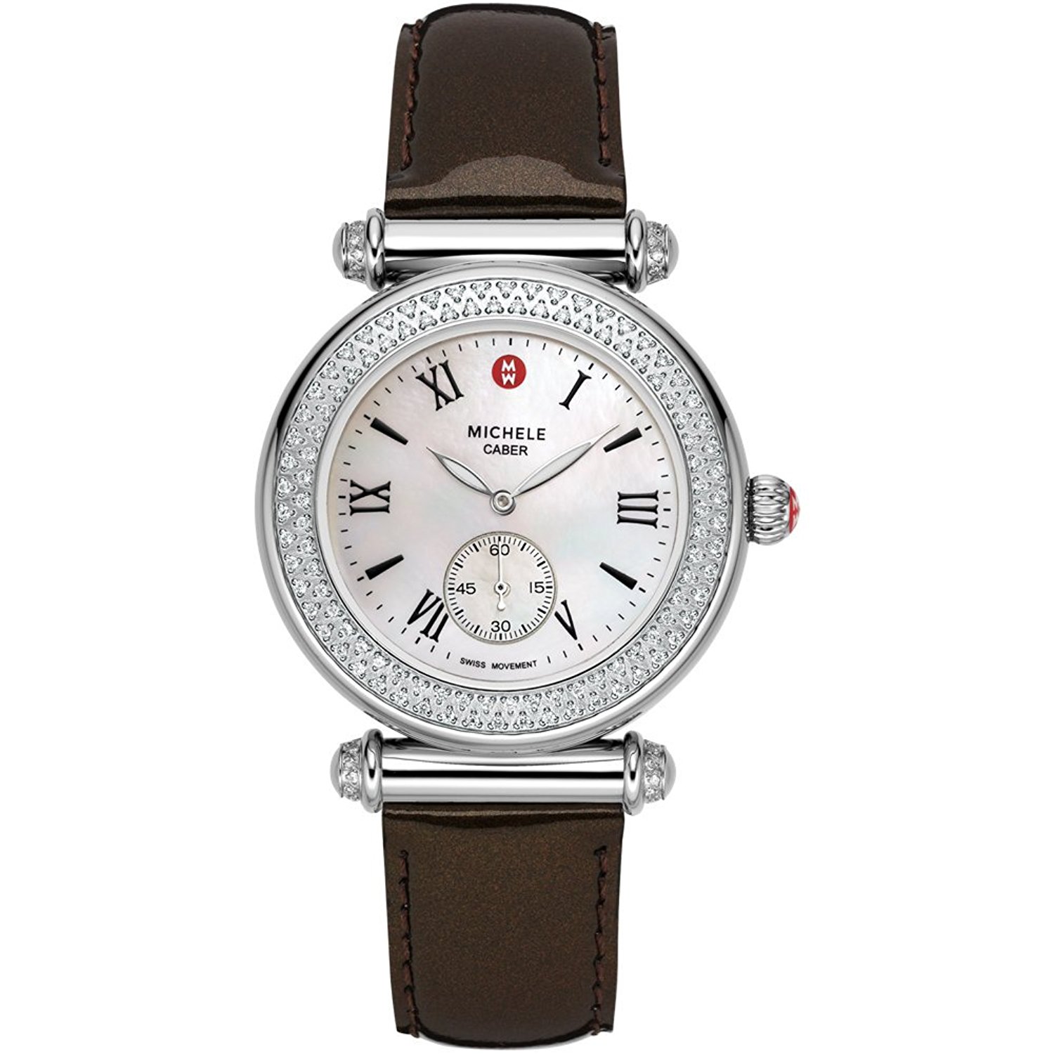 Michele Watches : MWW16A000010 Battery Operated Quartz Polished Stainless Steel White Mother Of Pearl Dial Espresso Patent Leather Band Men Watch