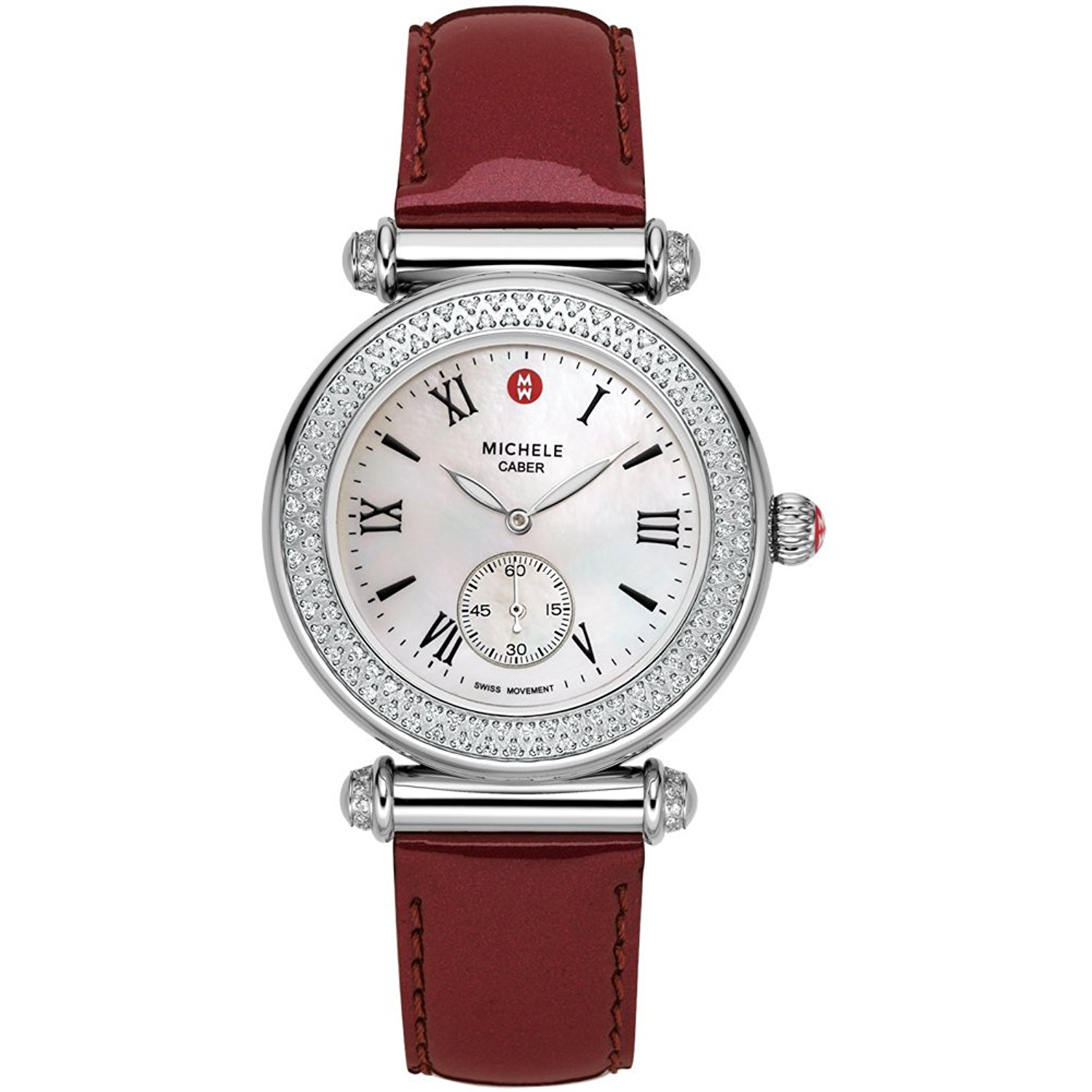 Michele Watches : MWW16A000011 Battery Operated Quartz Polished Stainless Steel White Mother Of Pearl Dial Scarlet Patent Leather Band Men Watch