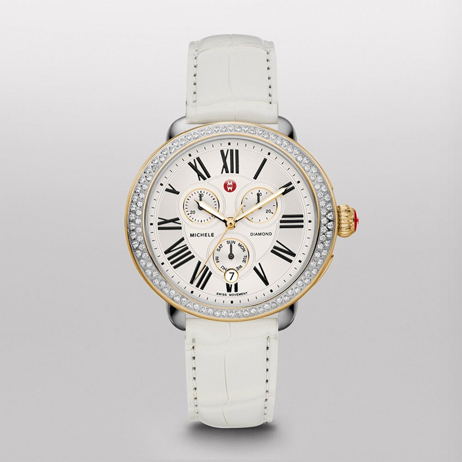 Michele Watches : MWW21A000015 Quartz Stainless Steel & Gold Silver Dial Alligator Leather White Band Men Watch