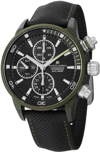 Maurice Lacroix Watches : PT6028-ALB21-331 Automatic Date Green Alloy Bezel Black Dial Leather Men Watch