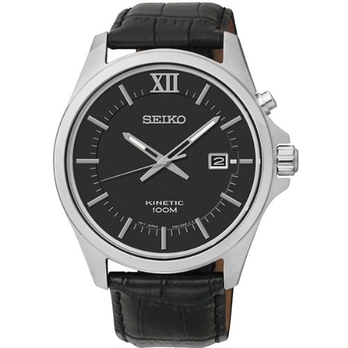 Seiko Watches : SKA573P2 Kinetic Black Dial Date Black Leather Men Watch