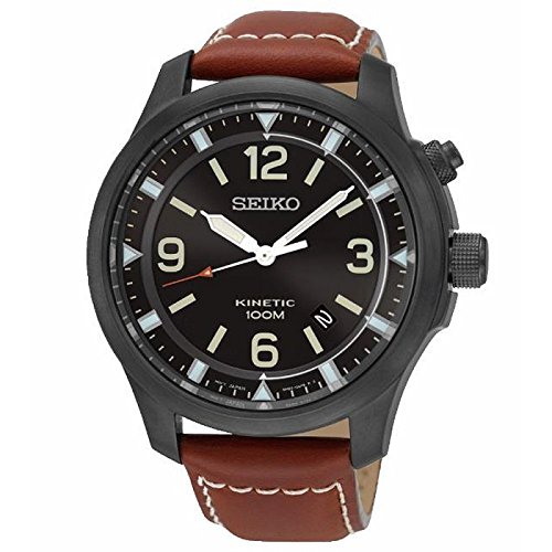 Seiko Watches : SKA691P1 Kinetic Black Dial Date Brown Leather Men Watch