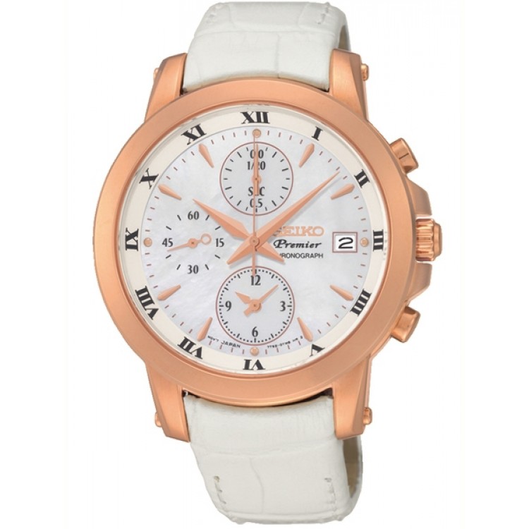 Seiko Watches : SNDV66P1 Quartz Chronograph Date White Leather Women Watch