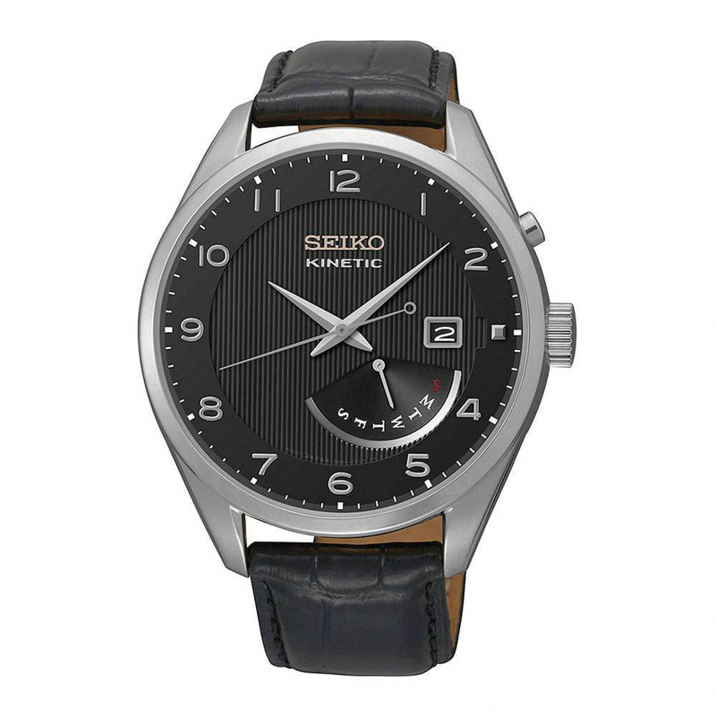 Seiko Watches : SRN051P1 Kinetic Analog Day Date Black Leather Men Watch