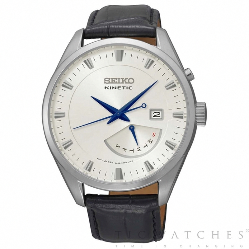 Seiko Watches : SRN071P1 Kinetic White Dial Day Date Black Leather Men Watch