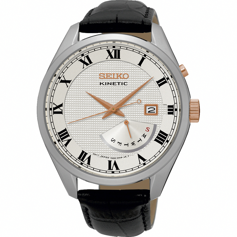Seiko Watches : SRN073P1 Kinetic Roman Numerals Dial Day Date Black Leather Men Watch