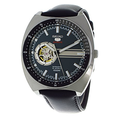 Seiko Watches : SSA335J1 Automatic 24 Jewels Open Heart Dial Black Leather Men Watch