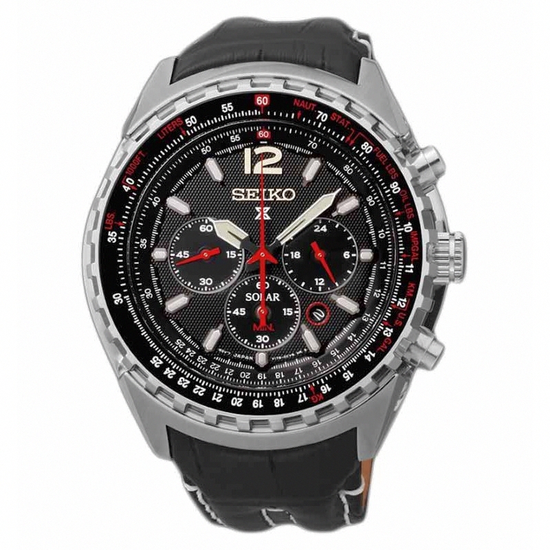 Seiko Watches : SSC261P2 Solar Chronograph Date Black Leather Men Watch