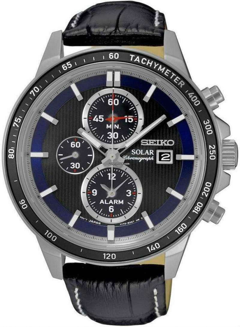 Seiko Watches : SSC437P1 Solar Chronograph Date Black Leather Men Watch
