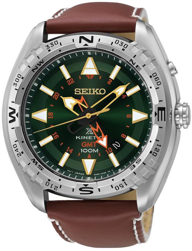 Seiko Watches : SUN051P1 Kinetic GMT Green Dial Date Brown Leather Men Watch