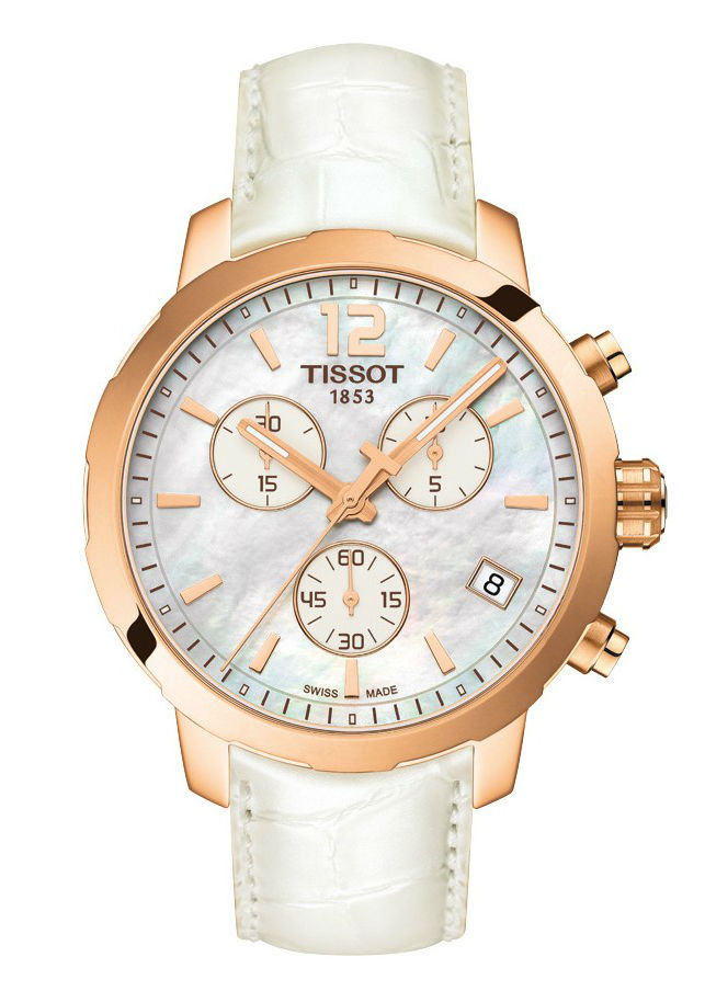 Tissot Watches : T095.417.36.117.00 Quartz Chronograph Date Mother of Pearl Dial White Leather Women Watch