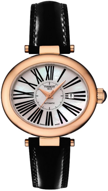 Tissot Watches : T917.307.76.113.01 Automatic Mother of Pearl Dial Date 18ct Rose Gold Case Black Leather Women Watch
