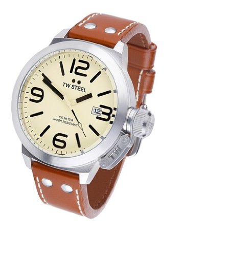 TW Steel Watches : TW21R Quartz Beige Dial Date Brown Leather Men Watch