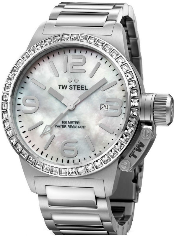 TW Steel Watches : TW302 Quartz Mother Of Pearl Dial Date Swarovski Crystal Bezel Stainless Steel Women Watch