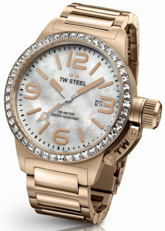 TW Steel Watches : TW306 Quartz Mother Of Pearl Dial Date Swarovski Crystal Bezel PVD Plated Rose Gold Tone Stainless Steel Unisex Watch