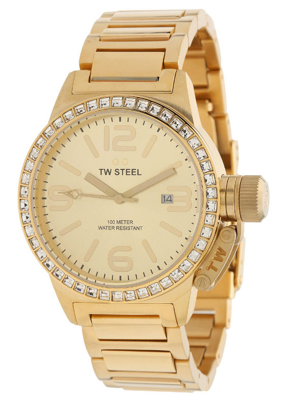 TW Steel Watches : TW309 Quartz Gold Tone Dial Date Crystal Bezel PVD Plated Gold Tone Stainless Steel Women Watch