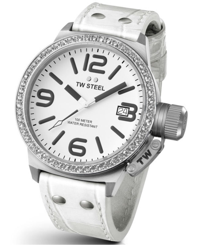 TW Steel Watches : TW35 Quartz White Dial Date Swarovski Crystal Bezel White Leather Unisex Watch