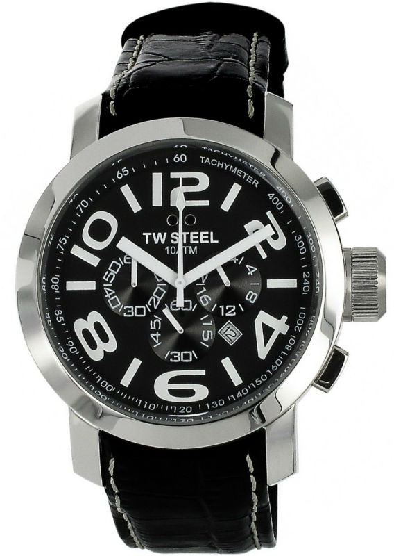 TW Steel Watches : TW50 Quartz Chronograph Black Dial Date Black Leather Men Watch