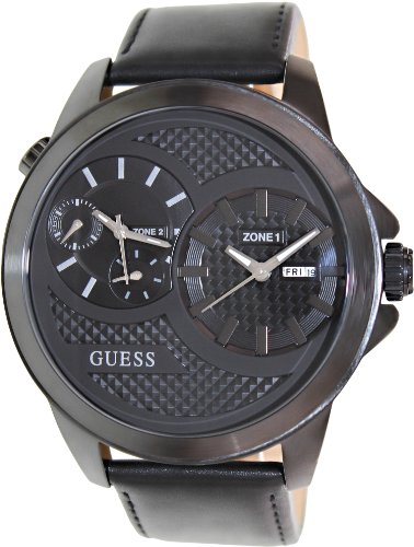 Guess Watches : U0184G1 Quartz Dual Time Black Leather Men Watch