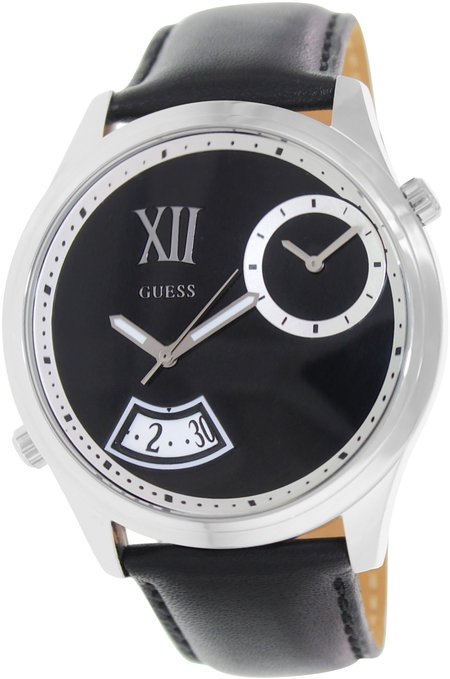Guess Watches : U0260G1 Quartz Dual Time Date Black Leather Men Watch