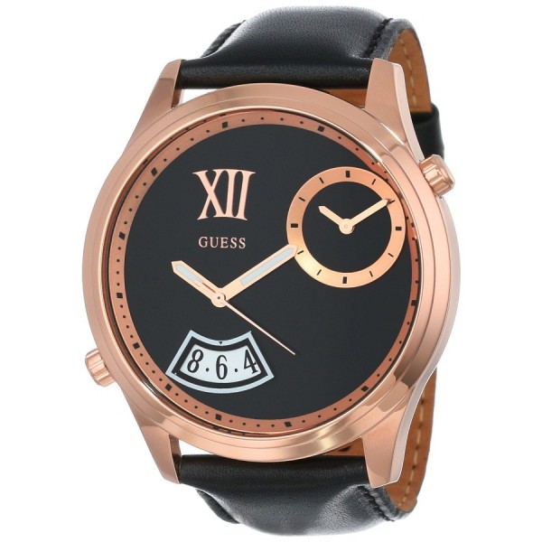 Guess Watches : U0260G2 Quartz Dual Time Date Black Leather Men Watch