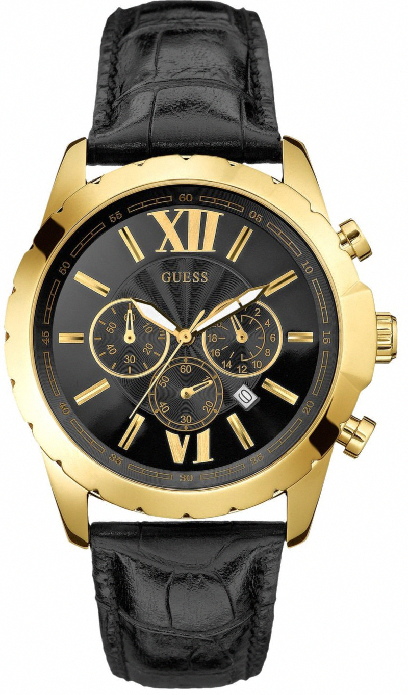 Guess Watches : U0270G1 Quartz Chronograph Date Black Leather Strap Men Watch