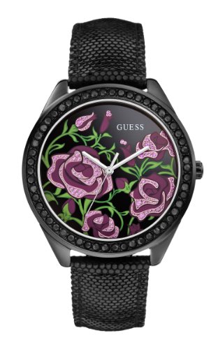 Guess Watches : U0284L1 Quartz Glitzy Rose Dial Black Leather Women Watch