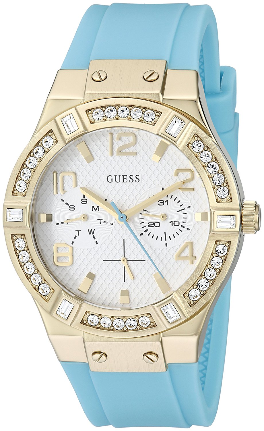 Guess Watches : U0426L3 Quartz Multifunction Dial Crystal Bezel Turquoise Silicone Women Watch