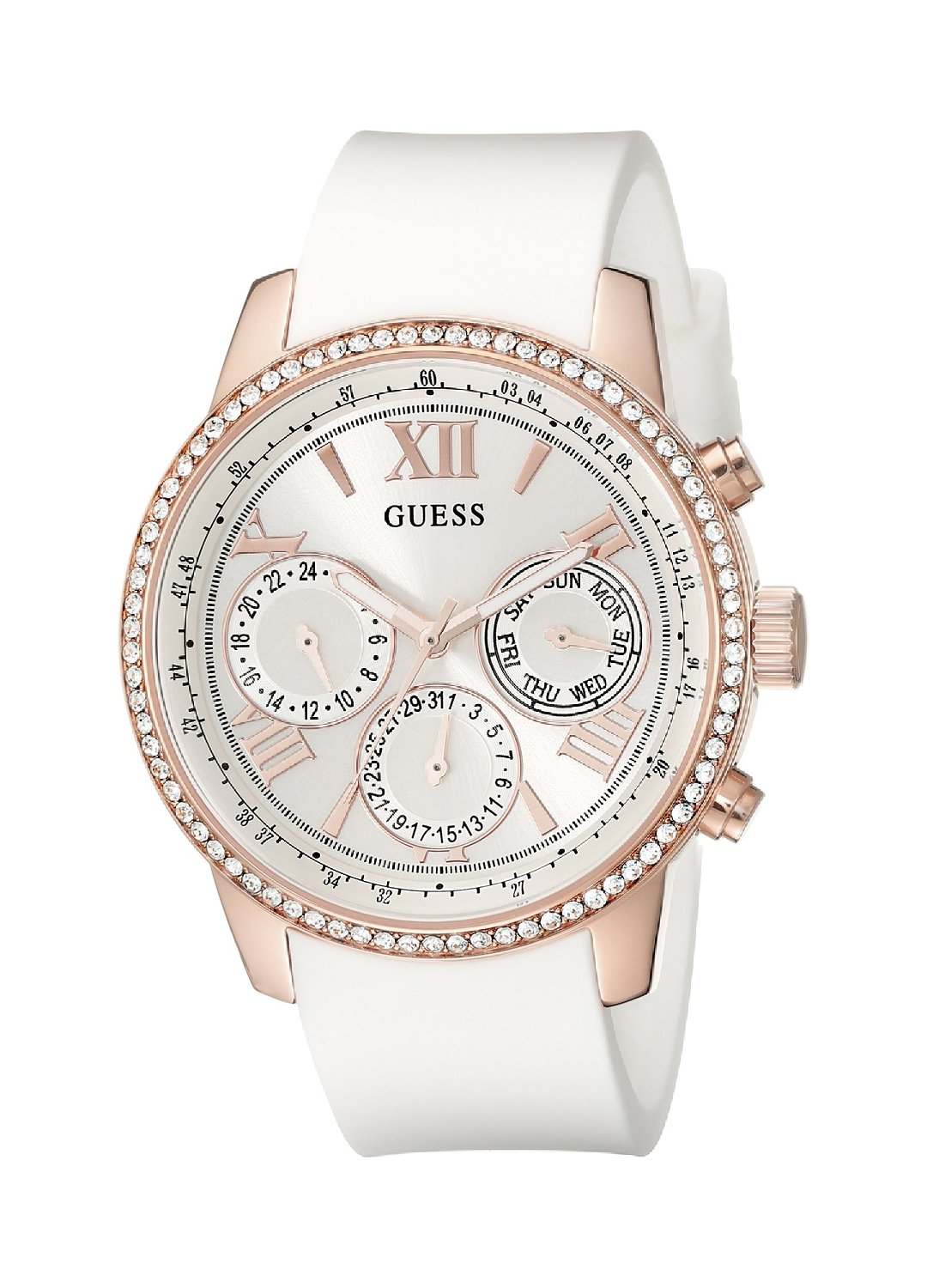 Guess Watches : U0616L1 Quartz Multifunction Dial Crystal Bezel White Silicone Women Watch