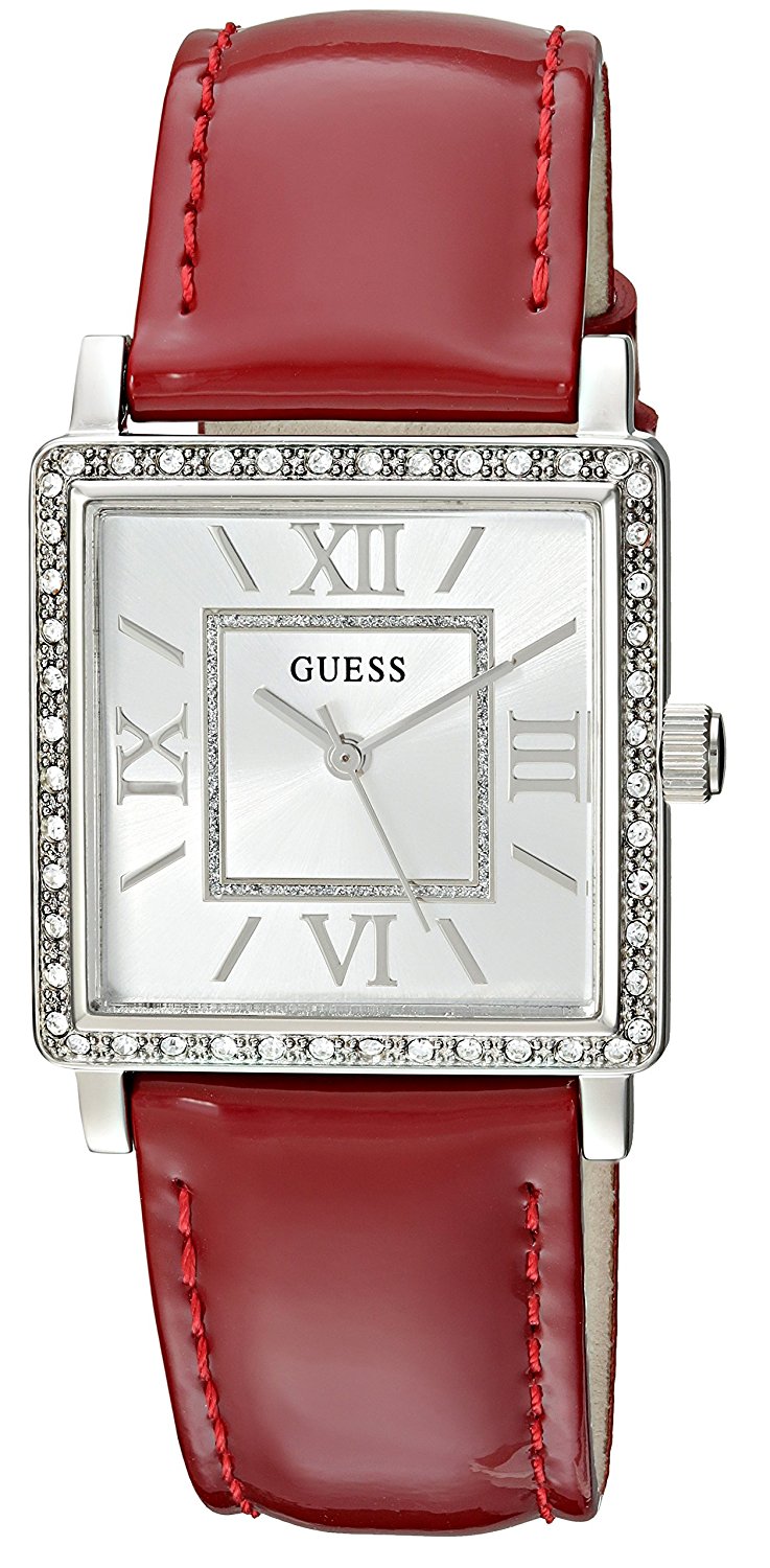 Guess Watches : U0829L2 Quartz Analog Crystal Bezel Red Leather Square Women Watch
