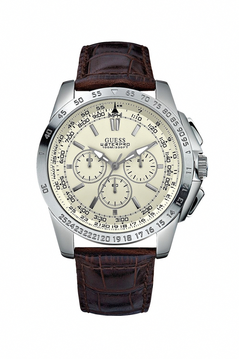 Guess Watches : U13570G2 Quartz Beige Dial Stainless Steel Case With Brown Leather Strap Men Watch